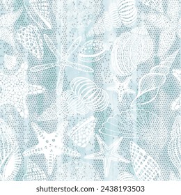 Abstract seamless pattern on the marine theme with starfish and seashells on blue watercolor background. Vector. Perfect for design templates, wallpaper, wrapping,print,  fabric and textile.