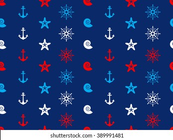 Abstract seamless pattern on the marine theme: anchor, steering wheel, starfish and shell. Vector illustration.