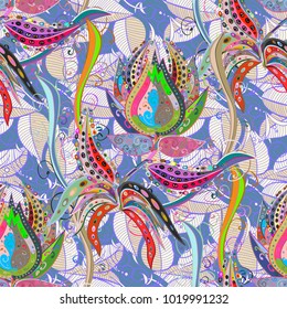 Abstract seamless pattern on neutral, blue and violet colors with bright flowers. Elegant vector texture with floral elements. Cute floral pattern in the small flower.