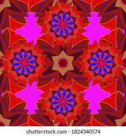 Abstract seamless pattern on orange, magenta and red colors with bright flowers. Cute floral pattern in the small flower. Elegant vector texture with floral elements.