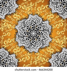 abstract seamless pattern on orange yellow background with floral golden elements. Vector illustration.