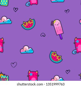 Abstract seamless pattern on people background with cartoon stickers. 