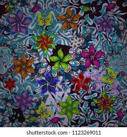 Abstract seamless pattern on red, gray and green colors with bright flowers. Elegant vector texture with floral elements. Cute floral pattern in the small flower.