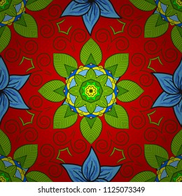 Abstract seamless pattern on red, green and blue colors with bright flowers. Elegant vector texture with floral elements. Cute floral pattern in the small flower.
