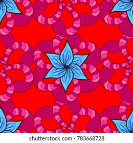 Abstract seamless pattern on red, magenta and blue colors with bright flowers. Elegant vector texture with floral elements. Cute floral pattern in the small flower.