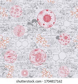 Abstract seamless pattern on the theme of biology, genetics, chemistry, medicine. Vector background with hand-drawn bacterial cells, illegible notes and ink spots in retro style