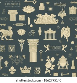 Abstract seamless pattern on the theme of vintage art, furniture and Antiques. Vector background with drawings and sketches on the dark backdrop. Wallpaper, wrapping paper or fabric in retro style