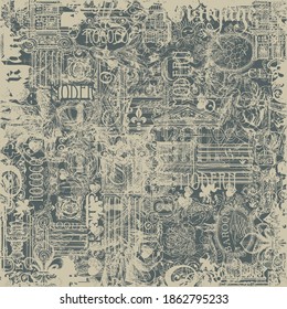 Abstract seamless pattern on the theme of vintage art, furniture and Antiques. Worn-out vector background in grunge style with sketches and drawings. Suitable for wallpaper, wrapping paper, fabric