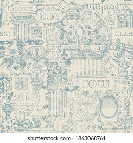 Abstract seamless pattern on the theme of vintage art, furniture and Antiques. Vector background with retro sketches and drawings on a beige backdrop in grunge style. Wallpaper, wrapping paper, fabric