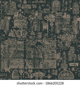 Abstract seamless pattern on a theme of architecture, vintage buildings and houses. Creative vector background with hand-drawn buildings, architectural elements and old keys in black and brown colors