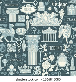 Abstract seamless pattern on theme of vintage art, furniture and Antiques. Vector background with sketches and drawings in retro style on dark backdrop. Suitable for Wallpaper, wrapping paper, fabric