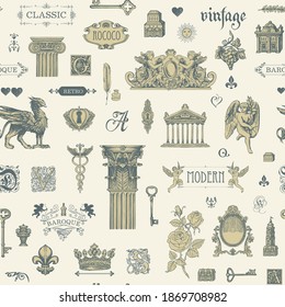 Abstract seamless pattern on the theme of vintage art, furniture and Antiques. Vector background with sketches and drawings in retro style on the old paper backdrop. Wallpaper, wrapping paper, fabric