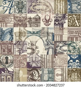 Abstract Seamless Pattern On Theme Of Medieval Architecture And Art. Vector Background With Colored Hand-drawn Architectural Fragments In Vintage Style. Wallpaper, Wrapping Paper Or Fabric Design