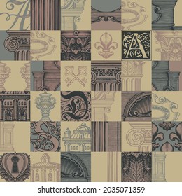 Abstract seamless pattern on theme of ancient architecture and art. Hand-drawn vector background in vintage style with square fragments in a staggered order. Wallpaper, wrapping paper or fabric design