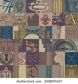 Abstract seamless pattern on theme of ancient architecture and art. Colored vector background in vintage style with hand-drawn architectural fragments. Wallpaper, wrapping paper or fabric design