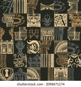 Abstract seamless pattern on theme of ancient architecture and art. Vector background in vintage style with hand-drawn square fragments on a black backdrop. Wallpaper, wrapping paper or fabric design