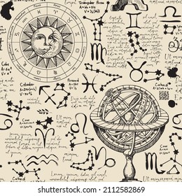 Abstract seamless pattern on the theme of horoscopes and zodiacs in retro style. Hand-drawn vector background with zodiac signs, Lorem ipsum handwritten text, sun, moon, stars and constellations