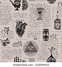 Abstract seamless pattern on the theme of witchcraft and occultism in vintage style. Hand-drawn vector background with sketches, handwritten text lorem ipsum, esoteric and masonic symbols on a beige