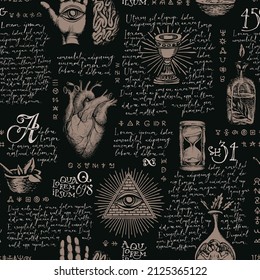 Abstract seamless pattern on the theme of occultism, alchemy, esoteric and witchcraft in vintage style. Hand-drawn vector background with sketches and handwritten text lorem ipsum on a black backdrop