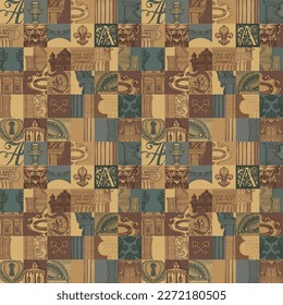 Abstract seamless pattern on theme of medieval architecture and art. Vector background with colored hand-drawn architectural fragments in vintage style. Wallpaper, wrapping paper or fabric design