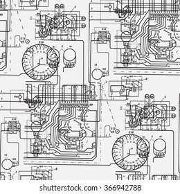 Abstract seamless pattern on the theme of science and electrical engineering. Black fantastic wiring diagram on a white background. Vector illustration.