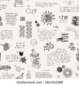 Abstract seamless pattern on the topics of medicine, chemistry, biology, genetics, scientific research and education. Hand drawn vector background with black handwritten lorem ipsum text and sketches