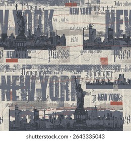 Abstract seamless pattern on urban theme with Statue of Liberty in New York with city architecture and newspaper clippings background in grunge style. Wallpaper, fabric, t-shirt design. No AI used