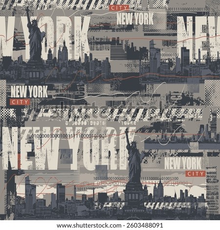 Abstract seamless pattern on urban theme with Statue of Liberty in New York with city architecture and newspaper clippings background in grunge style. Wallpaper, wrapping paper, fabric, t-shirt design