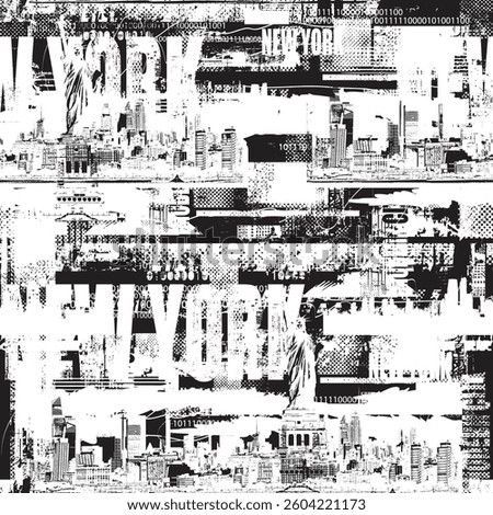 Abstract seamless pattern on urban theme with Statue of Liberty in New York with city architecture and newspaper clippings background in grunge style. Wallpaper, wrapping paper, fabric, t-shirt design