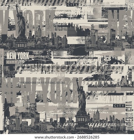 Abstract seamless pattern on urban theme with Statue of Liberty in New York with city architecture and newspaper clippings grunge style. Wallpaper, fabric, textile,  t-shirt design. No AI used