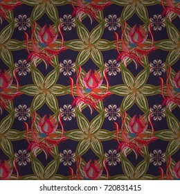 Abstract seamless pattern on violet, green and brown colors with bright flowers. Elegant vector texture with floral elements. Cute floral pattern in the small flower.