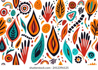 Abstract seamless pattern on a white background. Bright elements of orange, black, red and blue. Vector illustration