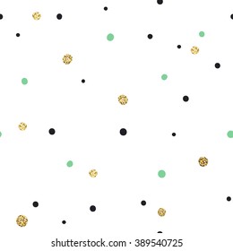 Abstract Seamless Pattern on White Background with Black and Golden and Green Chaotic Dots.Vector Template for Packaging Designs and Invitation Cards Decoration etc