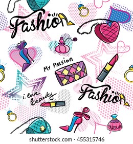 Abstract seamless pattern white background and colorful drawing  Fashion background for girls  Girlish tender backdrop 