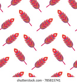 Abstract seamless pattern on white  background with feather and hearts inside. Colorful girlish repeated backdrop for textile, clothes, wrapping paper. Ethnic motives. Tribal wallpaper.