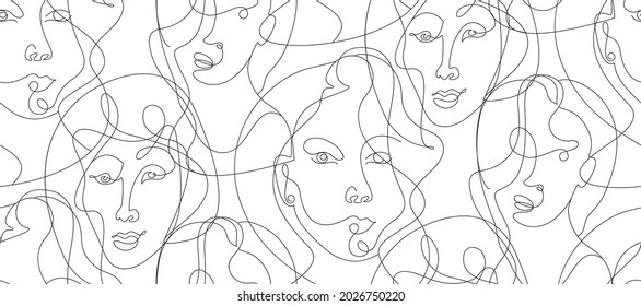 abstract seamless pattern with one line portrait of a girl in the style of cubism and picasso isolated on a white background