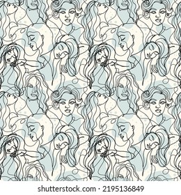 Abstract seamless pattern in One line style. Female faces. 