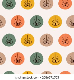  Abstract seamless pattern with open eyes in round colorful shapes on pastel background. Vector hand drawn illustration.