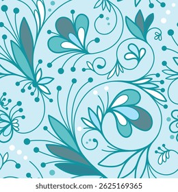 Abstract seamless pattern with openwork ornament of flower, leaves, branches, curls, flowing lines. Blue floral ornamental texture. Hand drawn vector illustration for wallpaper, wrapping paper, fabric