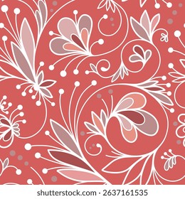 Abstract seamless pattern with openwork ornament of flower, leaves, branches, curls, flowing lines. Red floral ornamental texture. Hand drawn vector illustration for wallpaper, wrapping paper, fabric