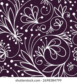 Abstract seamless pattern with openwork ornament of flower, leaves, branches, curls, flowing lines. Floral ornamental texture. Hand drawn vector illustration for wallpaper, wrapping paper, fabric