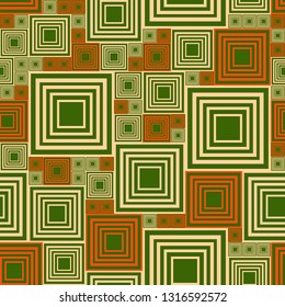 Abstract seamless pattern with a lot orange and beige squares on green background. Template vector illustration pcb, electrical circuit or city blocks. Geometric layout different sizes rectangles.