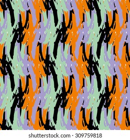 Abstract seamless pattern with orange, black, green and lilac elements