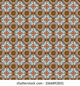 Abstract seamless pattern in orange, blue and gray colors. Vector illustration. Square scraps in oriental style. Ideal for printing on fabric or paper.