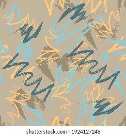 
Abstract seamless pattern with orange, blue and brown curved lines on a beige background. For textile, wallpaper, fabric and background.