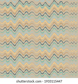 Abstract seamless pattern with orange, blue and brown curved lines on a beige background. For textile, wallpaper, fabric and background.