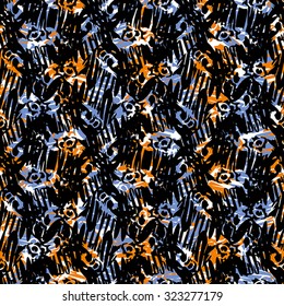 Abstract seamless pattern with orange, and blue elements on black background