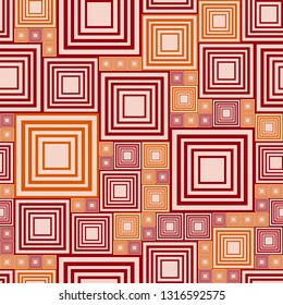 Abstract seamless pattern with a lot orange and burgundy, red squares on beige background. Template vector illustration pcb, electrical circuit, city block. Geometric layout different size rectangles.