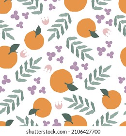Abstract seamless pattern with orange, flowers and leaves. Background for wallpapers, textiles, papers, fabrics, web pages.