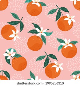 Abstract seamless pattern with orange fruits, flowers and leaves. Vector illustration.